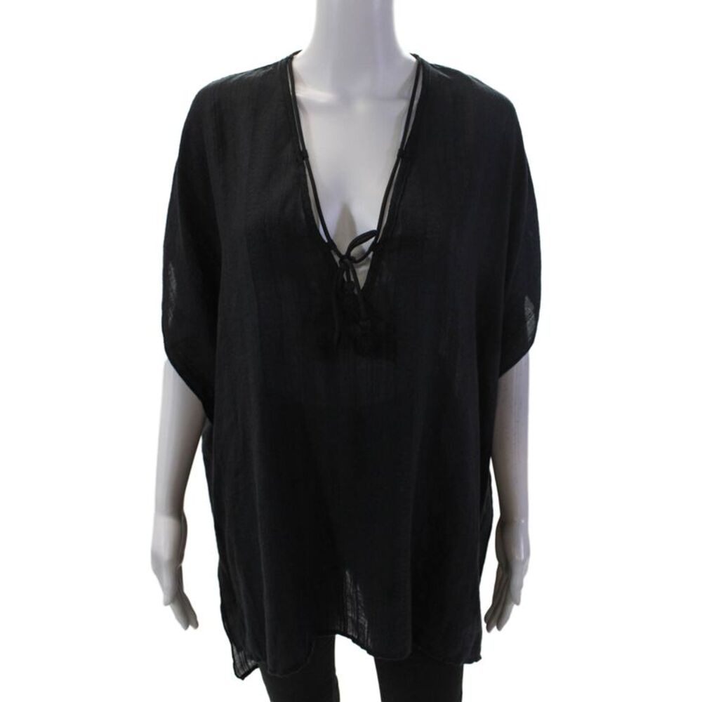 Robin Piccone Womens Cotton Short Sleeve V-neck Lined Blouse Black Size S
